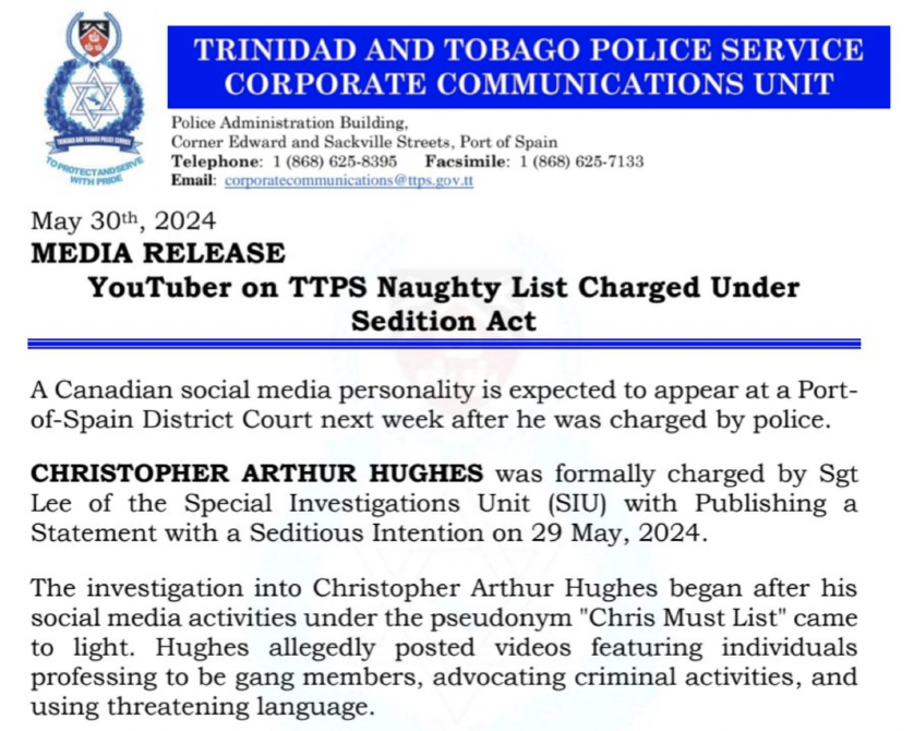 CHRISTOPHER ARTHUR HUGHES  formally charged with Publishing a Statement with a Seditious Intention on 29 May, 2024.